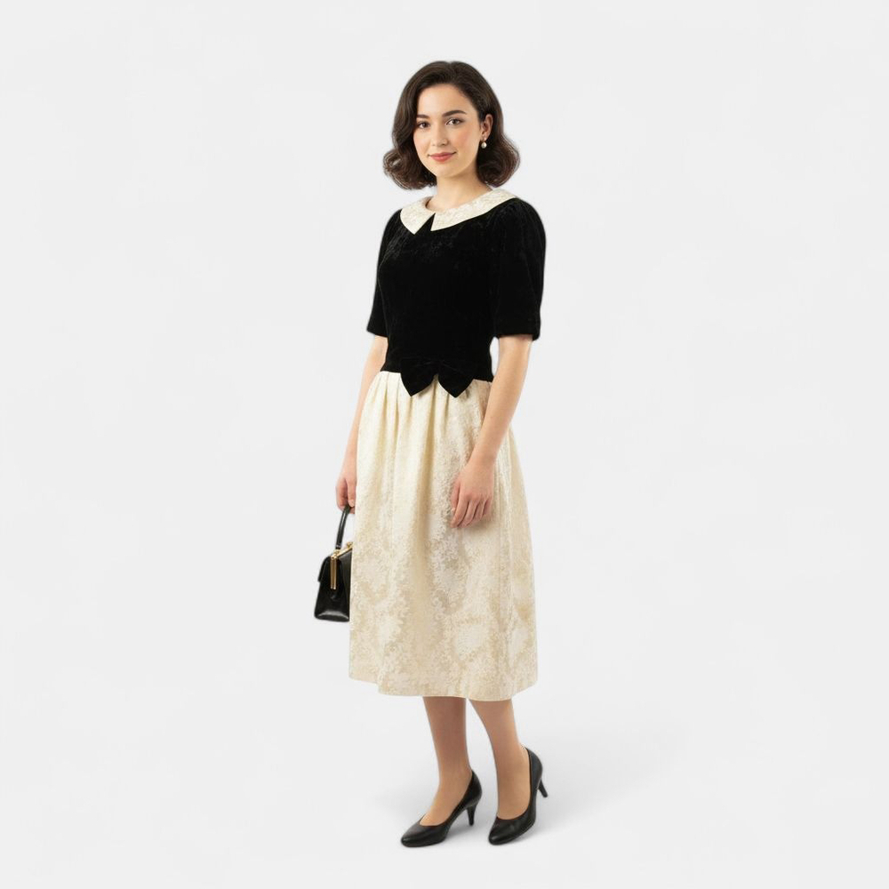 Lanz Originals Vintage Black Velvet & Cream Jacquard Midi Dress - Size 8